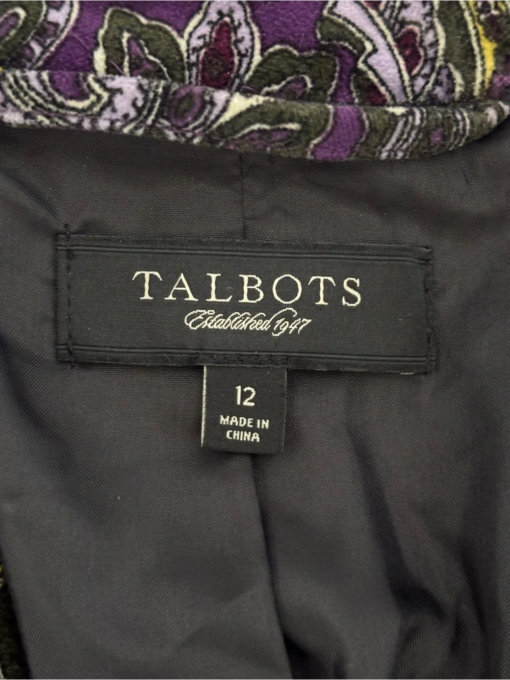 Talbots Signature Size 12 Purple Paisley Cotton Stretch Blazer Jacket Statement